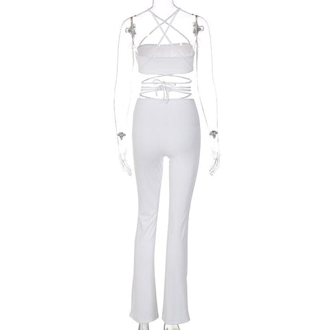 Voguable Solid Halter Sleeveless Bandage Ruched Crop Bra High Waist Leggings 2 Piece Set Y2K Streetwear Outfit