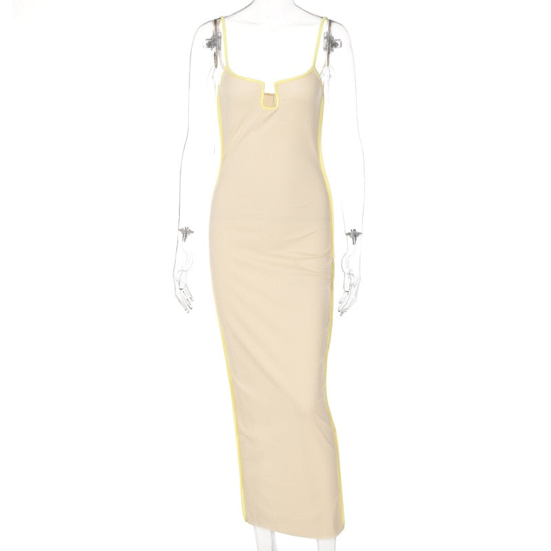 Bright Line Decoration Slip Backless U Neck Skinny Maxi Dress Bodycon Y2K Streetwear Outfits