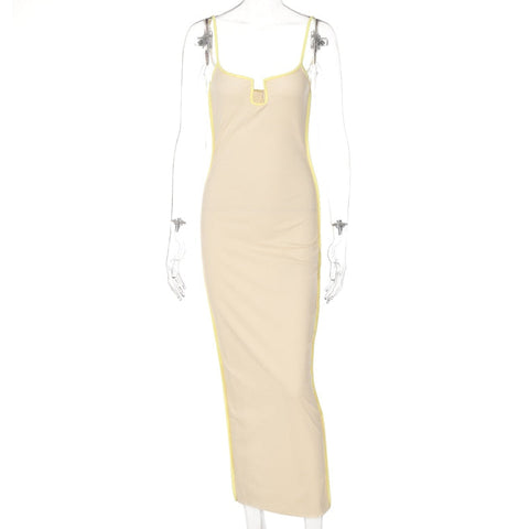 Bright Line Decoration Slip Backless U Neck Skinny Maxi Dress Bodycon Y2K Streetwear Outfits