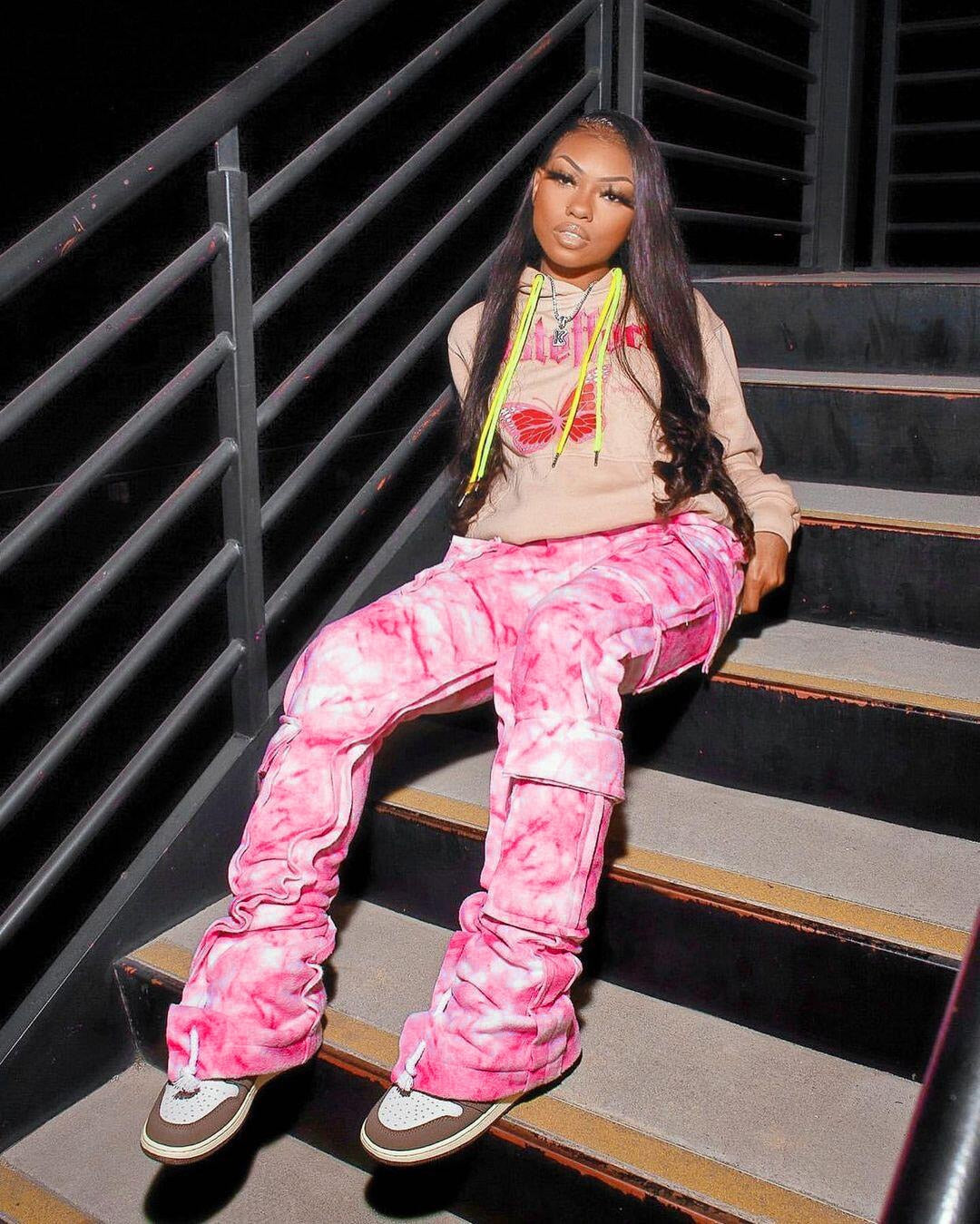 Multi Pocket Drawstring Stacked Sweatpants Street Style Tie Dye Cargo Pants Y2k Clothes Trousers