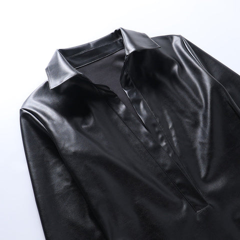 Voguable  Pu Leather Deep V Neck Long Sleeve Loose Mini Dress Winter Casual Streetwear Outfits Club Y2K