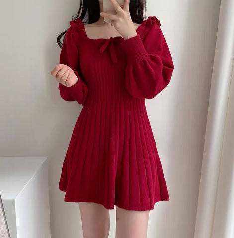 Ribbed Square Neck Mini Sweater Dress
