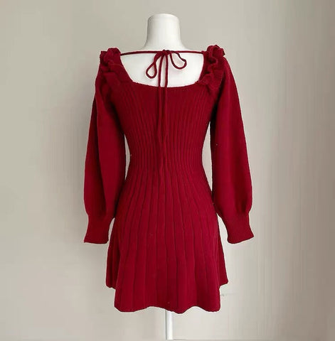 Ribbed Square Neck Mini Sweater Dress