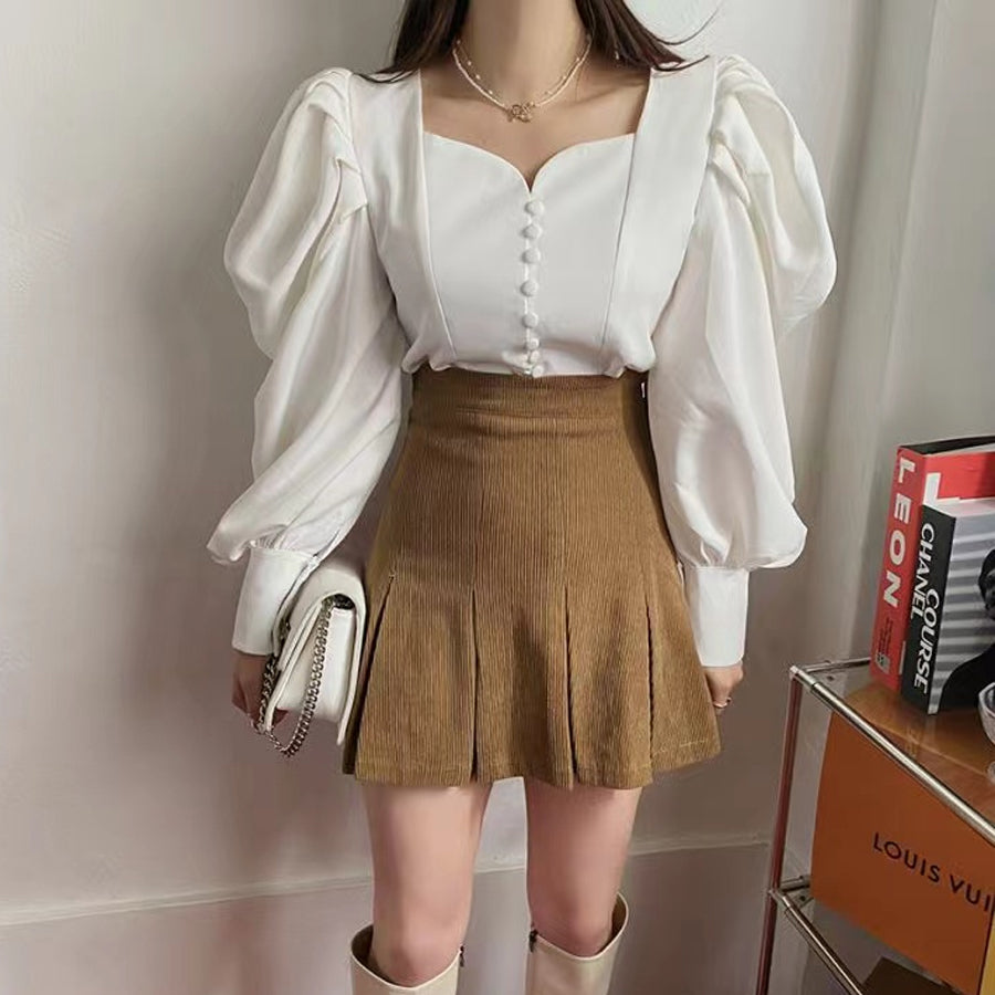 Puff Sleeve Sweetheart Button Up Blouse