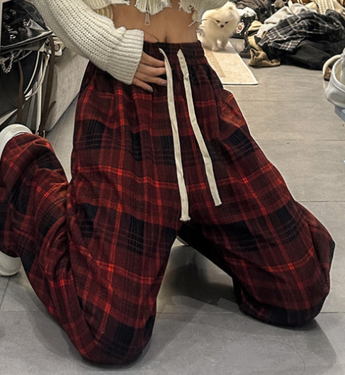 High Waist Loose Thick Fleece Plaid Pants