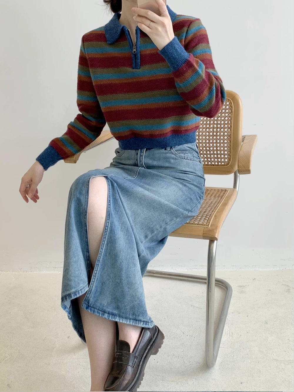 Autumn Vintage Stripe Polo Sweater