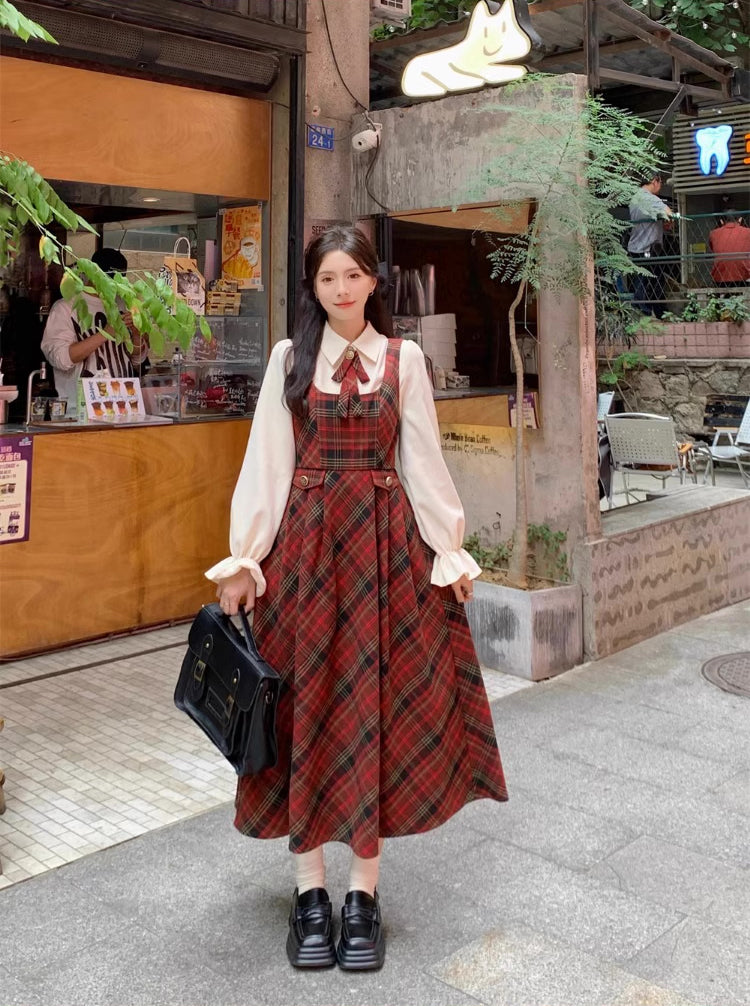 Merry Plaid Midi Pinafore Dress