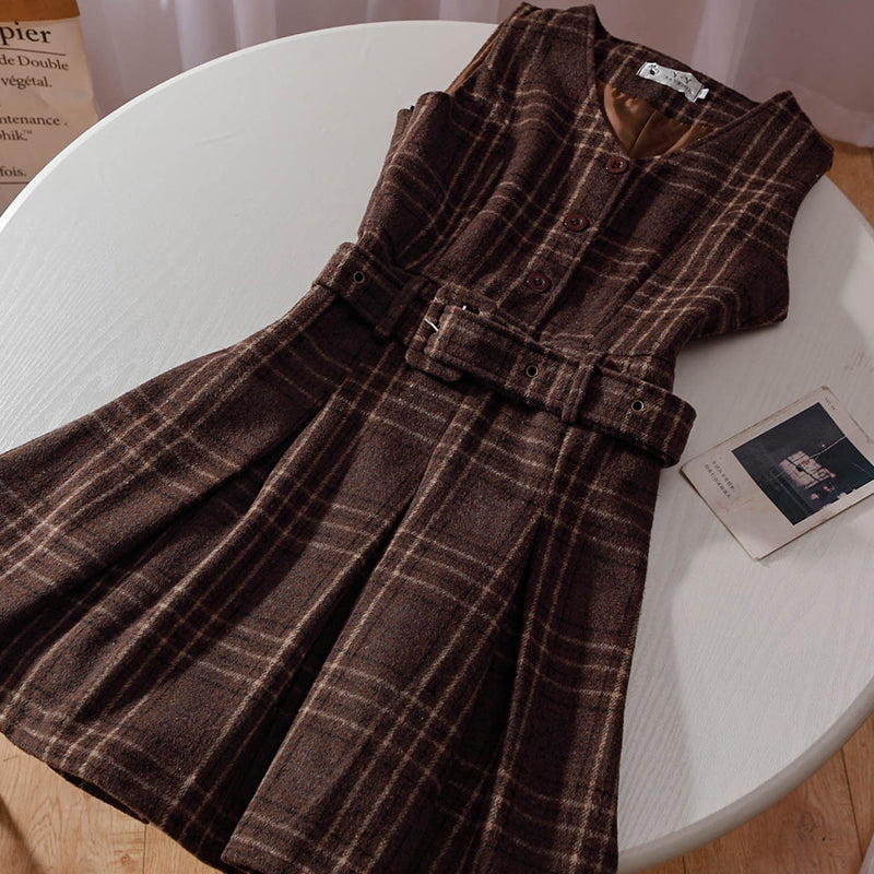 Coffee Plaid Pinafore Dress / Blouse