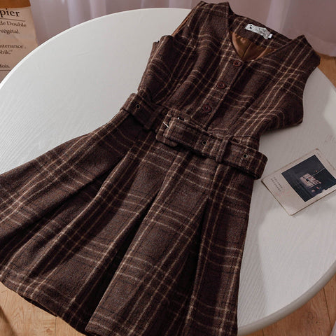 Coffee Plaid Pinafore Dress / Blouse