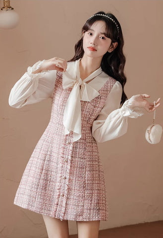 Tie Neck Tweed Mini Shift Dress