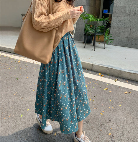 Raining Flowers Corduroy Midi Skirt