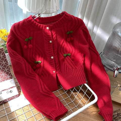 Cherry Pom Pom Cropped Cardigan