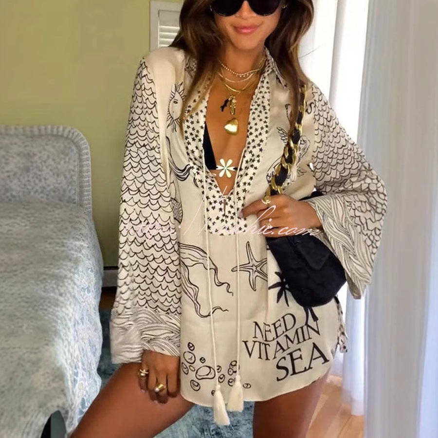 Satin Unique Print Tassle Shirt and Elastic Waist Shorts Set