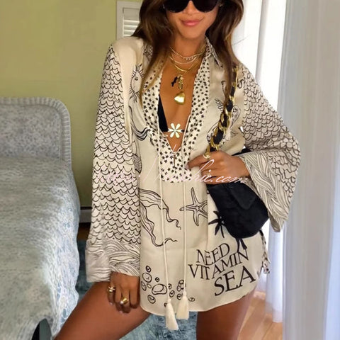 Satin Unique Print Tassle Shirt and Elastic Waist Shorts Set