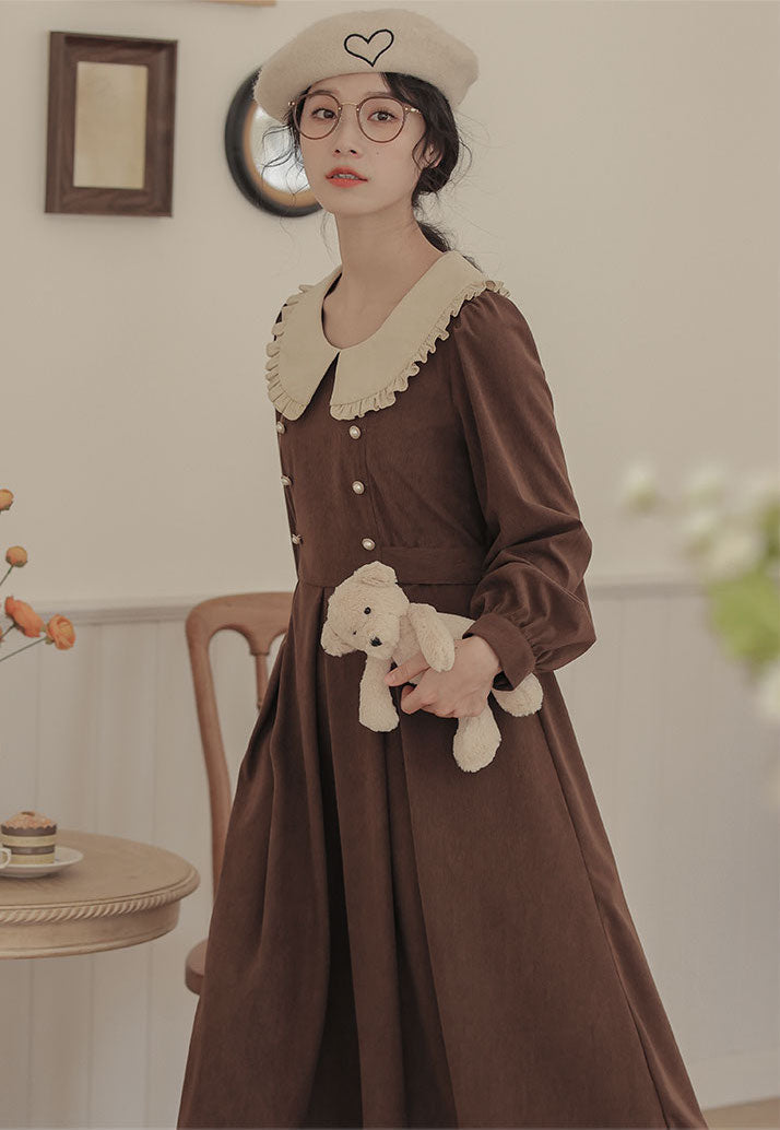 Corduroy Suede Peter Pan Midi Dress