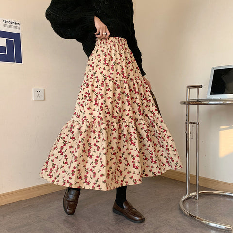 Rose Corduroy Tiered Midi Skirt