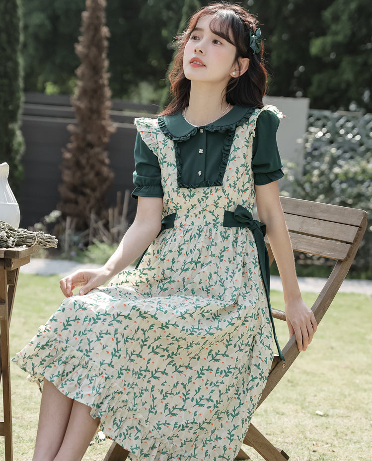 Flower Buds Pinafore Twofer Dress