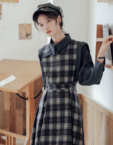 Crepe Plaid Pinafore Dress Set