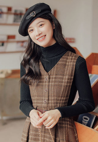 Coffee Plaid Midi Pinafore Dress