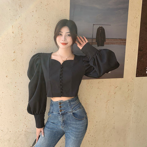 Puff Sleeve Sweetheart Button Up Blouse