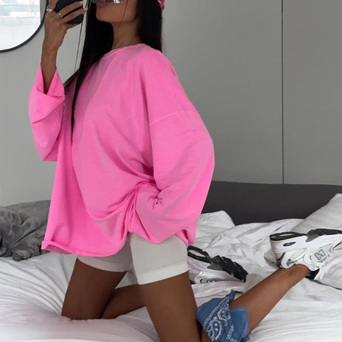 Pink Long-Sleeved Loose Solid Color Shirt