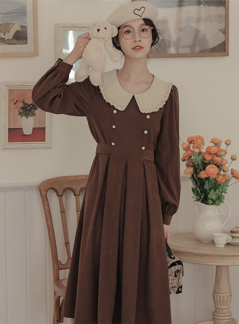 Corduroy Suede Peter Pan Midi Dress
