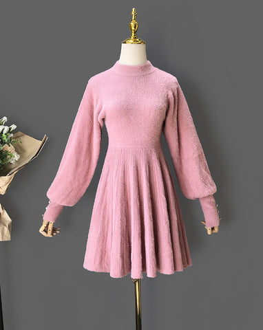 Fuzzy Puff Sleeve Sweater Dress