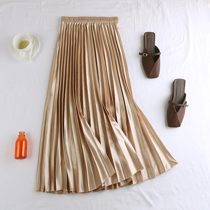 Pleated Satin Midi Skirt