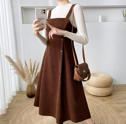 Corduroy Suede Double Button Cami Dress
