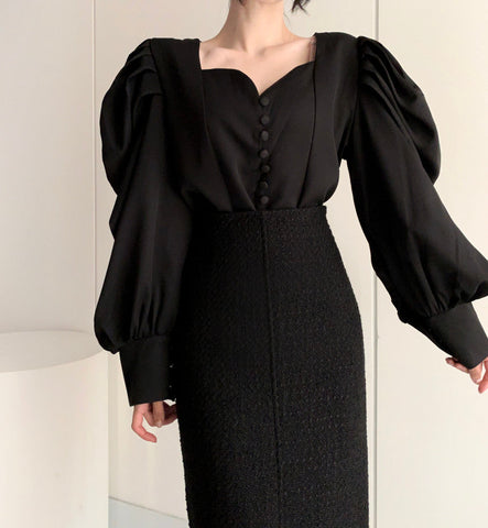 Puff Sleeve Sweetheart Button Up Blouse