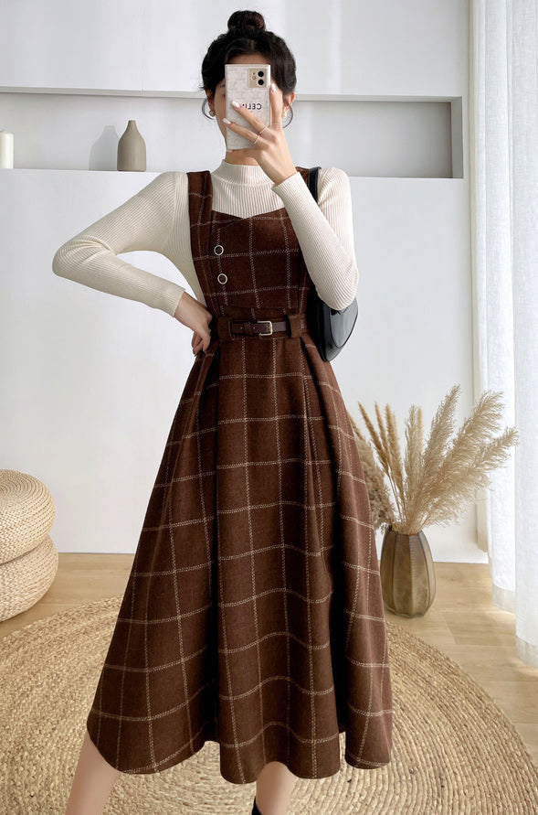 Plaid Pinafore Midi Dress