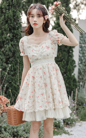 Vestido mini con enagua de rosas delicadas