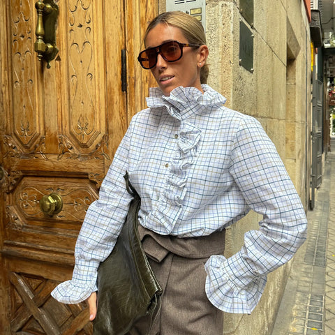 Cotton Plaid Ruffle Lace Long Sleeve Shirt