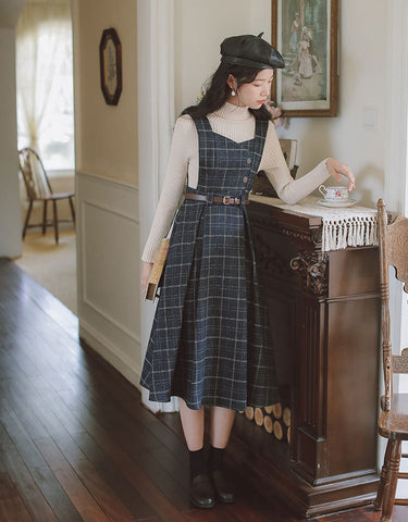 Vestido midi con pechera a cuadros