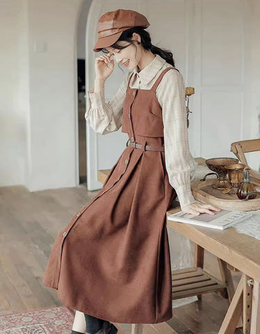 Suede Button Up Cami Pinafore Dress Set