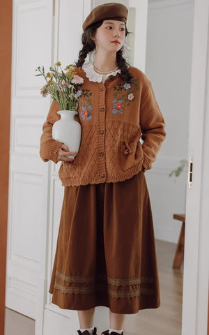 Grandma's Autumn Floral Embroidered Cardigan