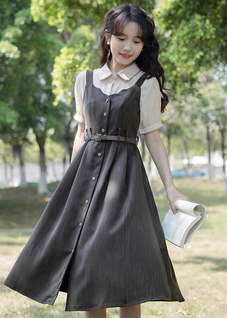 Vestido camisola festoneado con botones y raya diplomática