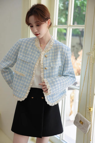 Gingham Lace Trim Tweed Jacket