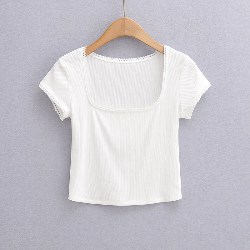 Solid Color Lace Stitching Short Sleeve Tee