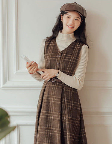 Coffee Plaid Midi Pinafore Dress