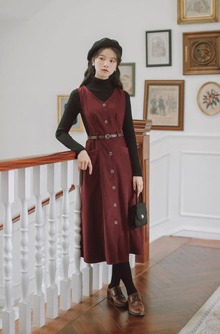 Button Up Suede Pinafore Dress