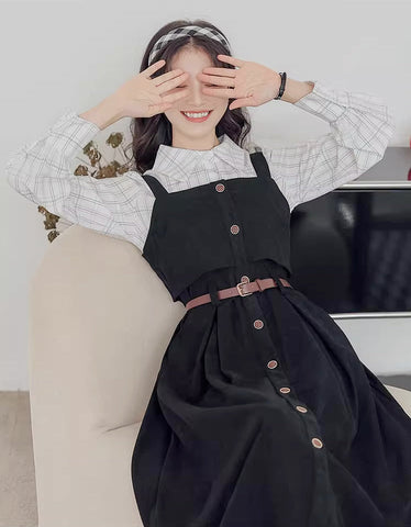 Suede Button Up Cami Pinafore Dress Set