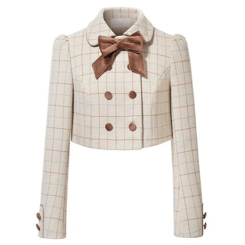 Chaqueta corta de tweed con cuadros escoceses lechosos