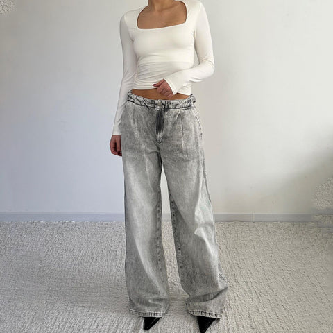 Distressed Vintage Washed Wide-Leg Jeans