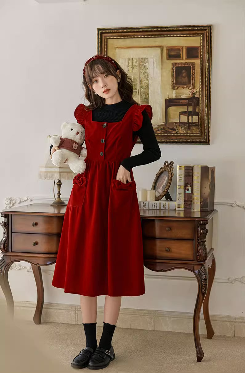Velvet Frilly Bow Pinafore Dress