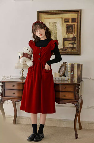 Velvet Frilly Bow Pinafore Dress