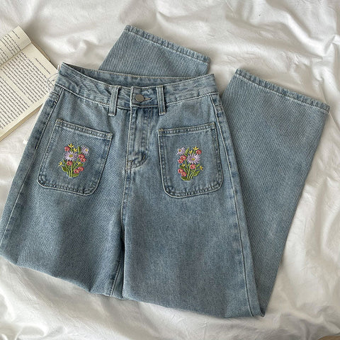 Embroidered Floral Pocket Jeans