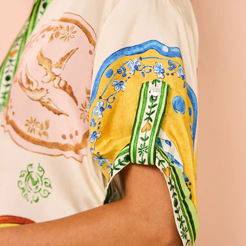 Unique Print Satin Shirt and Elastic Waist Shorts Set with