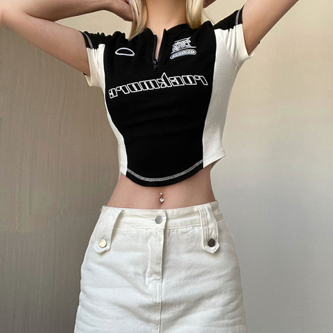 Contrasting Zip-Up Crop Top