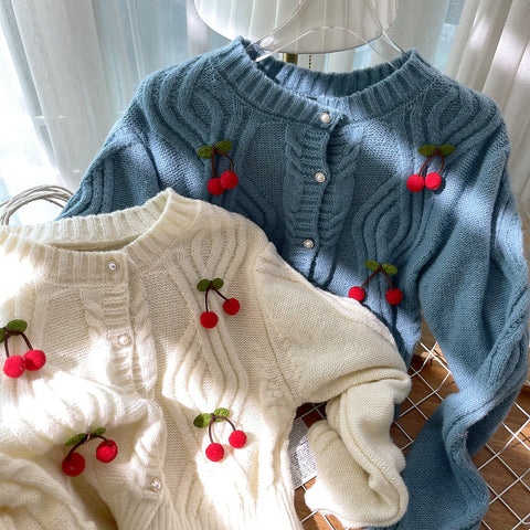 Cherry Pom Pom Cropped Cardigan
